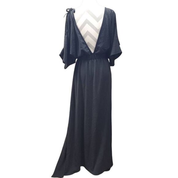 Women's Black Size XL Split-front Solid Color Loose Batwing Sleeves Deep V-Neck - Picture 2 of 5
